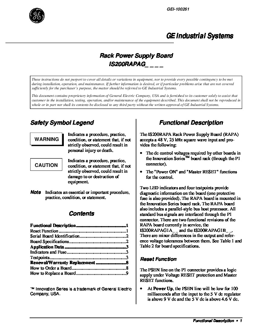 First Page Image of IS200RAPAG1A Rack Power Supply Board GEI-100261.pdf